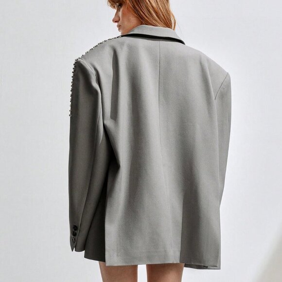 Grey Casual Women's Oversized Padded Shoulder Suit Jacket with Rhinestone Design - Picture 2 of 7